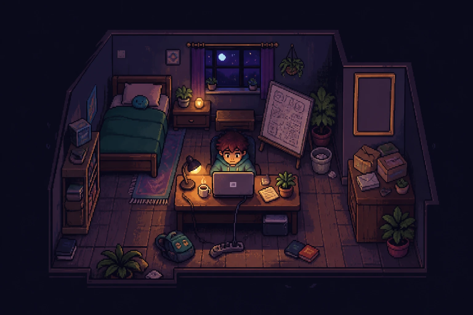 A tiny founder working late at a laptop in a cosy pixel-art bedroom
